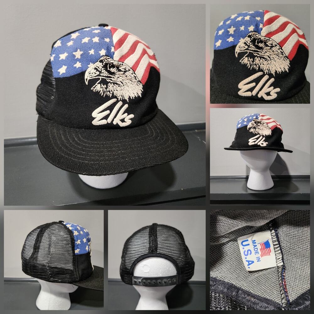 VTG Elks USA‎ Bald Eagle American Flag Patriotic Trucker Mesh Snapback Hat Cap